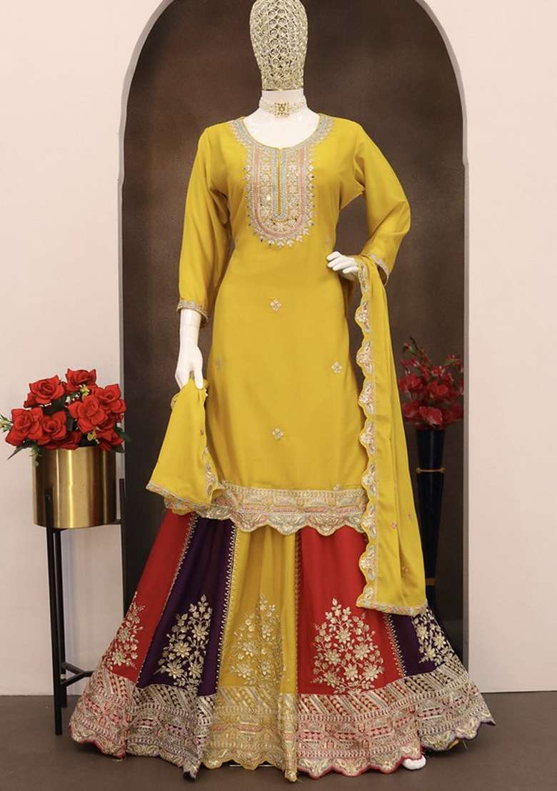 Yellow Embroidered Silk Blend Sharara Set - Indya