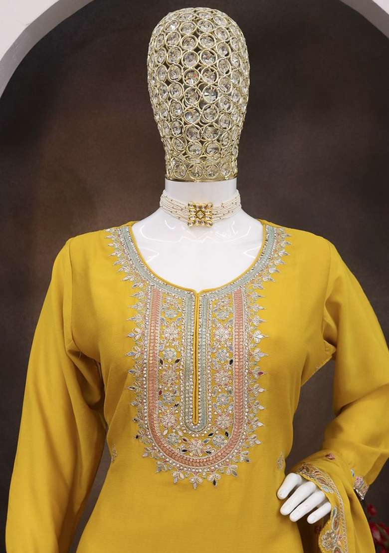 Yellow Embroidered Silk Blend Sharara Set - Indya