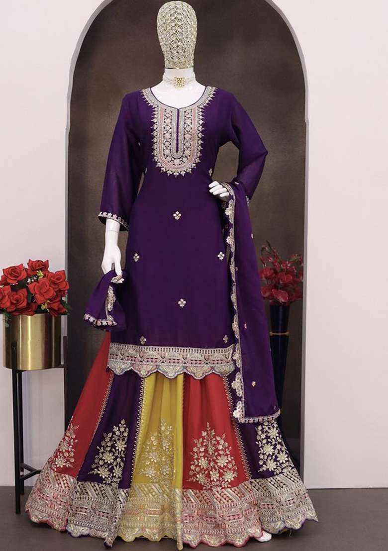 Violet Embroidered Silk Blend Sharara Set - Indya