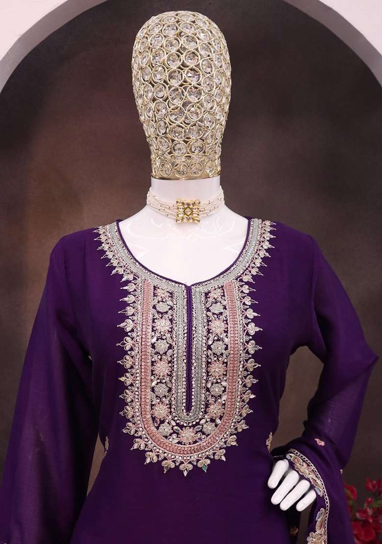 Violet Embroidered Silk Blend Sharara Set - Indya