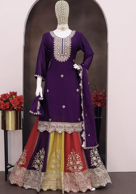 Violet Embroidered Art Silk Sharara Set With Dupatta