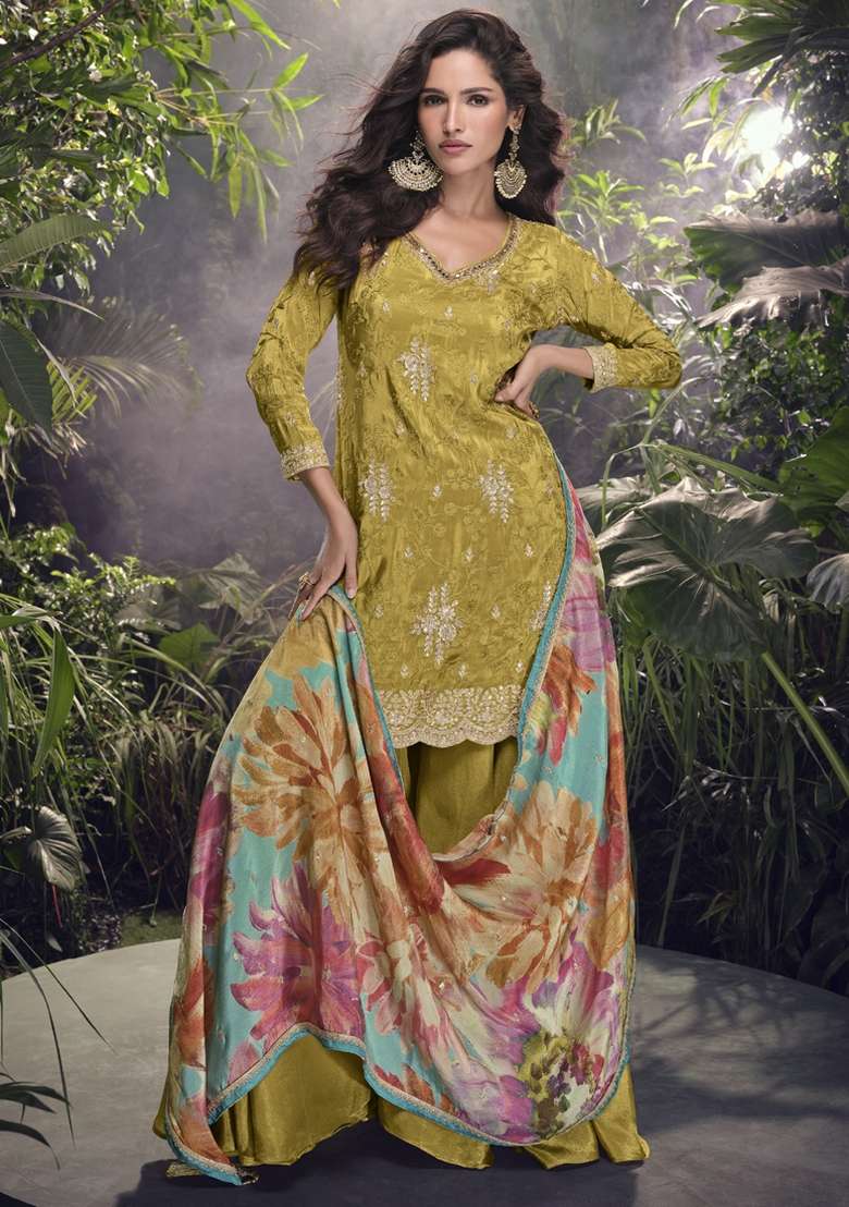 Mustard Yellow Embroidered Art Silk Palazzo Set With Dupatta - Indya