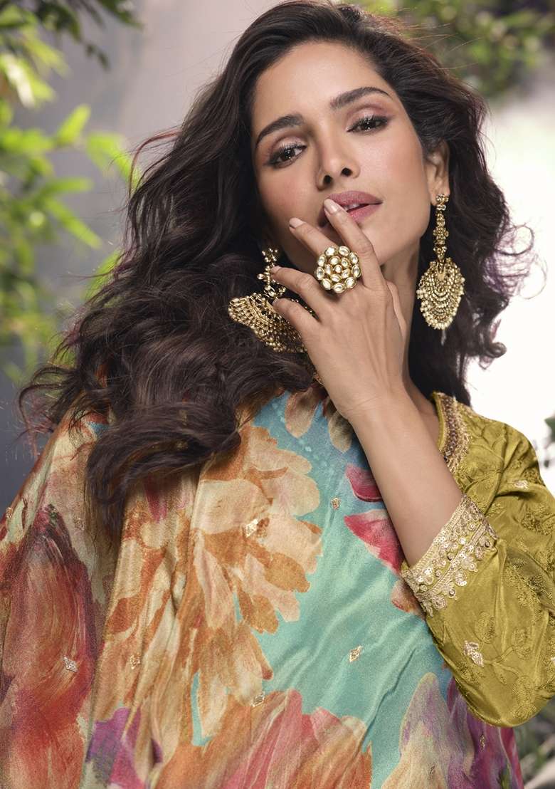 Mustard Yellow Embroidered Art Silk Palazzo Set With Dupatta - Indya