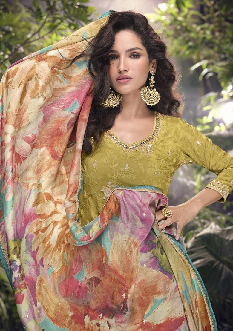 Mustard Yellow Embroidered Art Silk Palazzo Set With Dupatta - Indya