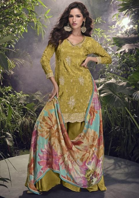 Mustard Yellow Embroidered Art Silk Palazzo Set With Dupatta