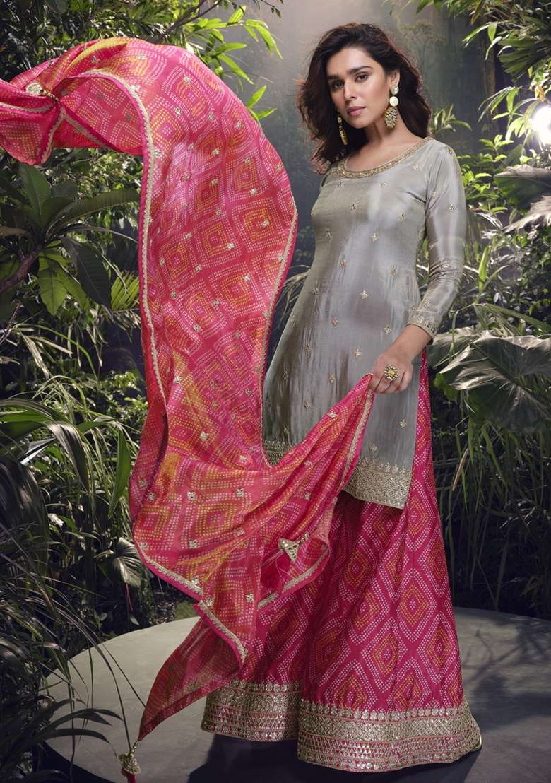 Grey Embroidered Art Silk Palazzo Set With Dupatta - Indya