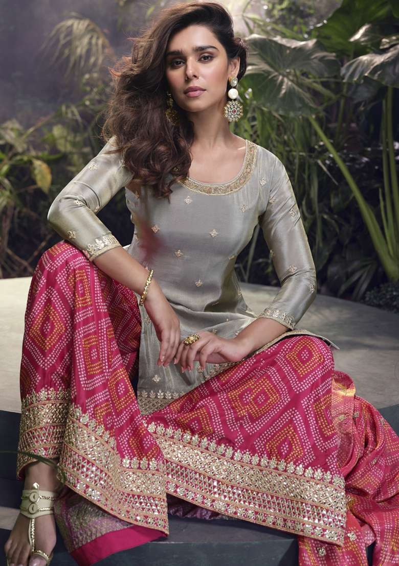 Grey Embroidered Art Silk Palazzo Set With Dupatta - Indya