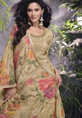Beige Embroidered Art Silk Palazzo Set With Dupatta