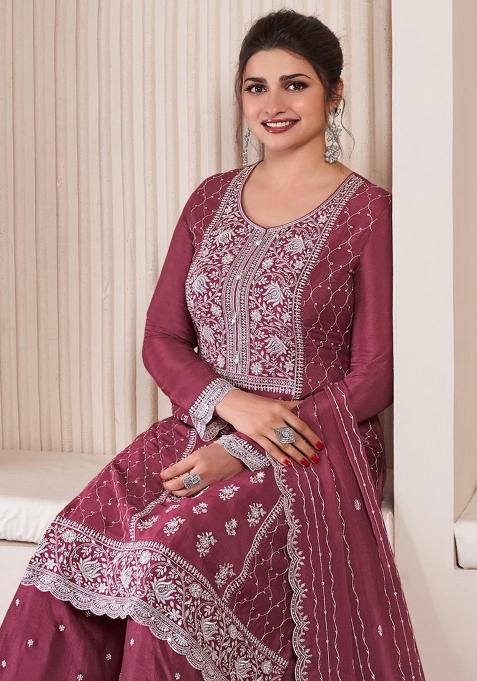 Onion Pink Embroidered Art Silk Sharara Set With Dupatta