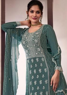 Dark Grey Embroidered Art Silk Sharara Set With Dupatta