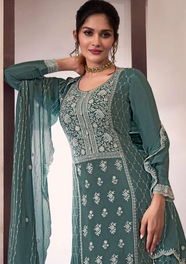 Dark Grey Embroidered Art Silk Sharara Set With Dupatta - Indya