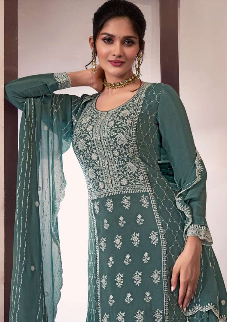 Dark Grey Embroidered Art Silk Sharara Set With Dupatta - Indya