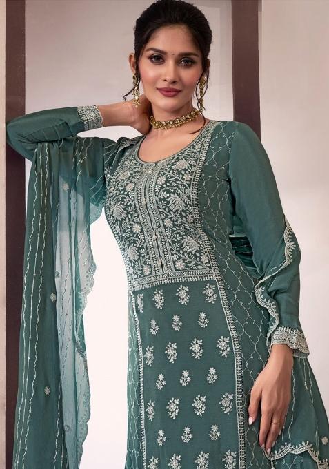 Dark Grey Embroidered Art Silk Sharara Set With Dupatta