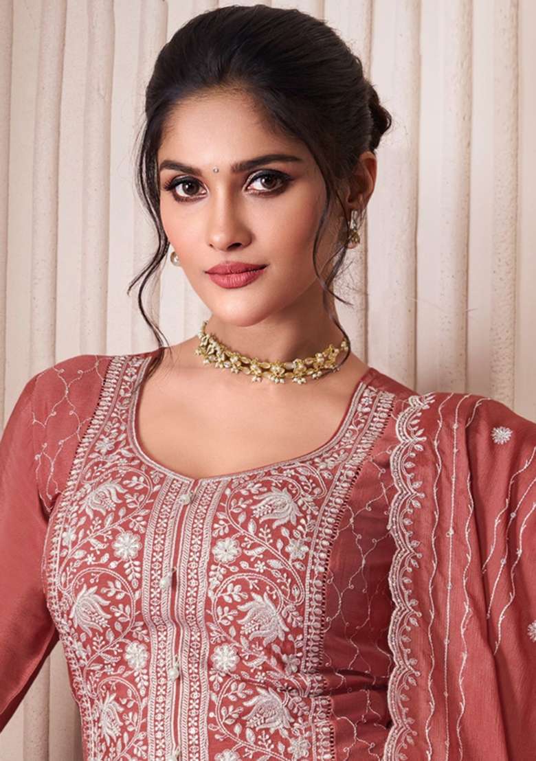 Orange Embroidered Art Silk Sharara Set With Dupatta - Indya