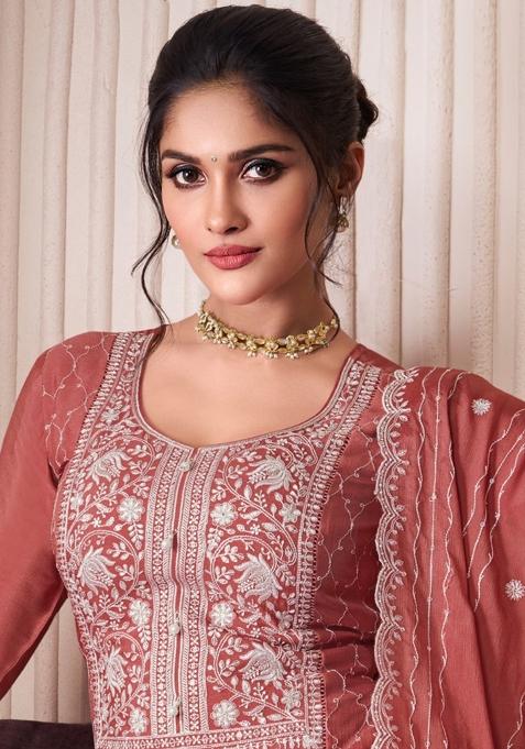 Orange Embroidered Art Silk Sharara Set With Dupatta