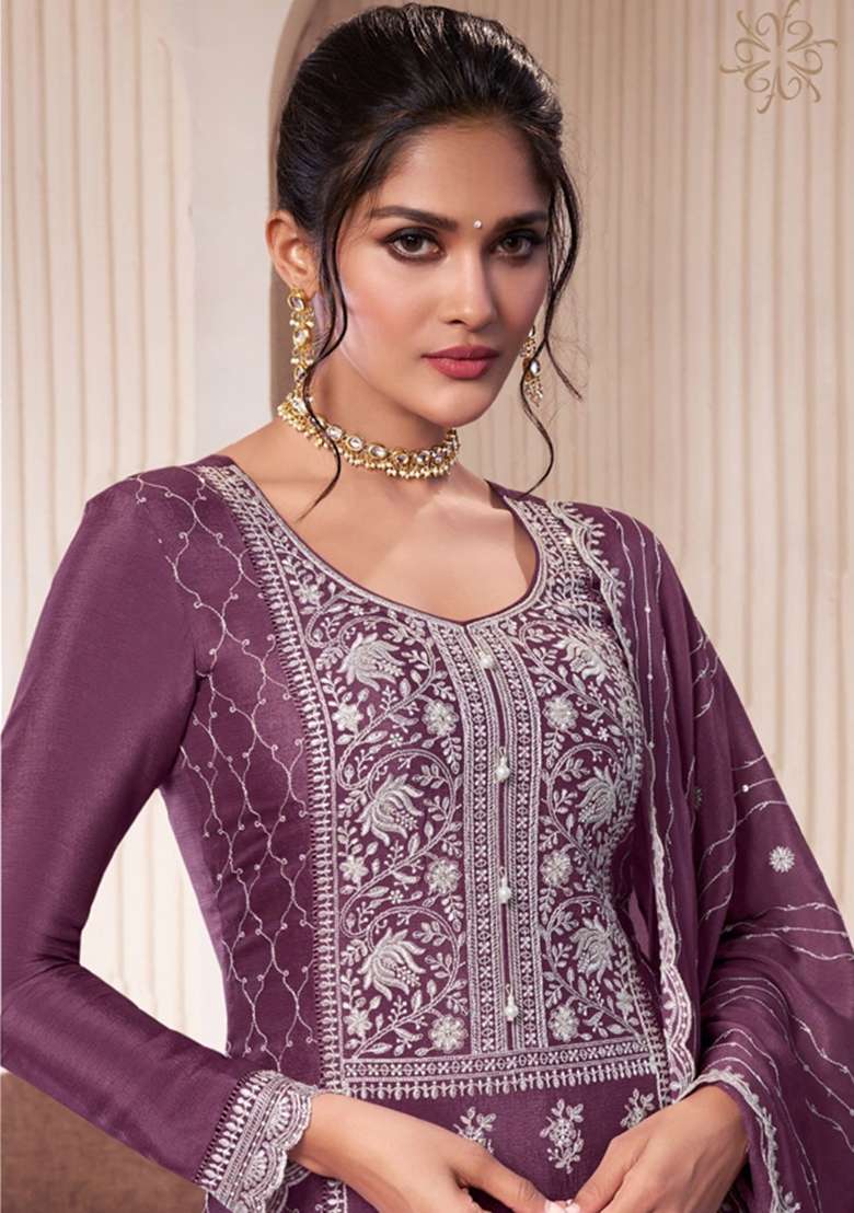 Purple Embroidered Art Silk Sharara Set With Dupatta - Indya