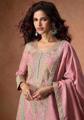 Peach Embroidered Art Silk Palazzo Set With Dupatta