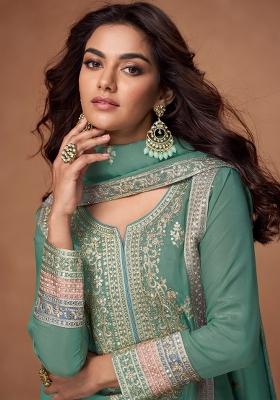 Sea Green Embroidered Art Silk Palazzo Set With Dupatta