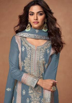 Grey Embroidered Art Silk Palazzo Set With Dupatta