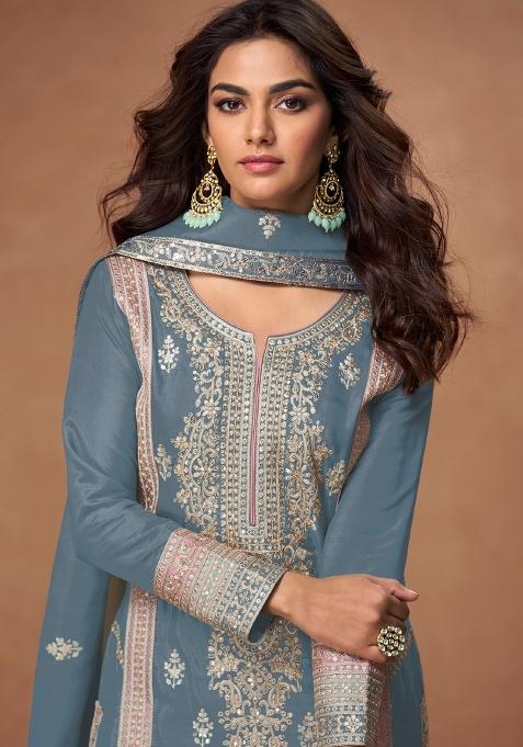 Grey Embroidered Art Silk Palazzo Set With Dupatta