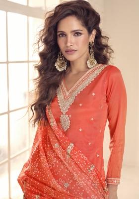 Orange Embroidered Art Silk Palazzo Set With Dupatta