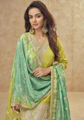 Parrot Green Embroidered Art Silk Palazzo Set With Dupatta
