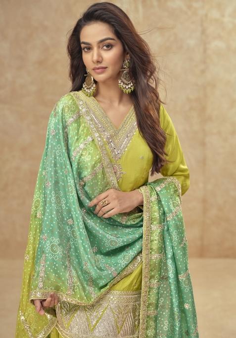 Parrot Green Embroidered Art Silk Palazzo Set With Dupatta