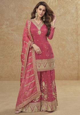 Pink Embroidered Art Silk Palazzo Set With Dupatta