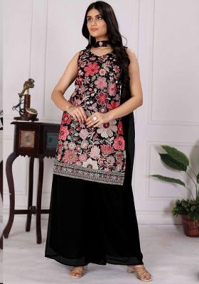 Black Embroidered Georgette Palazzo Set With Dupatta