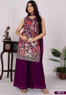 Purple Embroidered Georgette Palazzo Set With Dupatta