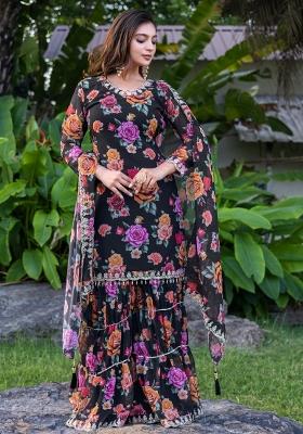 Black Embroidered Georgette Palazzo Set With Dupatta