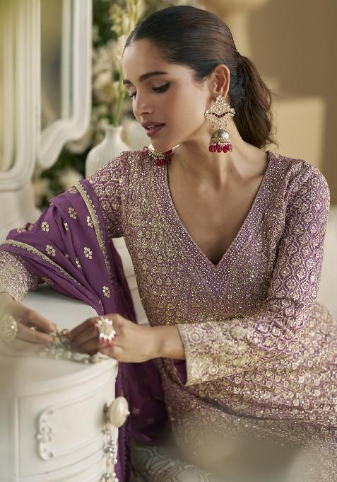 Lavender Embroidered Georgette Palazzo Set With Dupatta