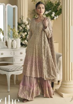 Beige Embroidered Georgette Palazzo Set With Dupatta