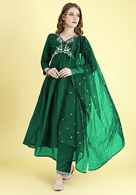 Green Embroidered Vichitra Silk Anarkali Set With Dupatta