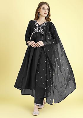 Black Embroidered Vichitra Silk Anarkali Set With Dupatta