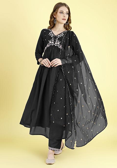 Black Embroidered Vichitra Silk Anarkali Set With Dupatta