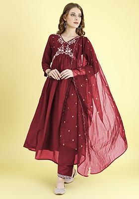 Maroon Embroidered Vichitra Silk Anarkali Set With Dupatta