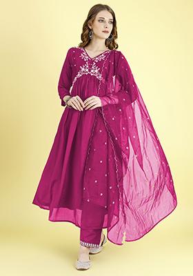 Pink Embroidered Vichitra Silk Anarkali Set With Dupatta
