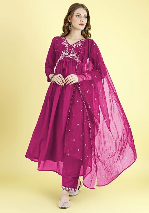 Pink Embroidered Vichitra Silk Anarkali Set With Dupatta