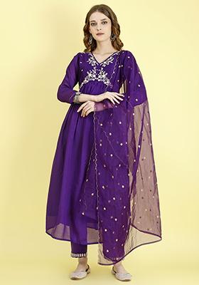 Violet Embroidered Vichitra Silk Anarkali Set With Dupatta