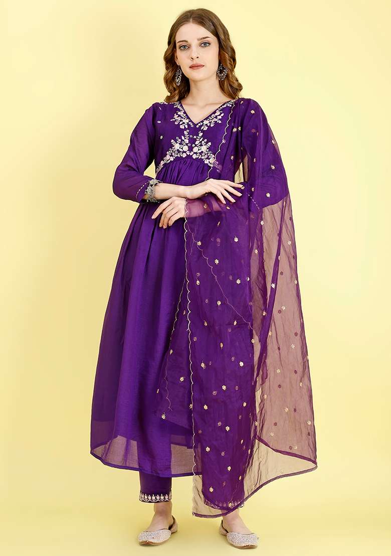 Violet Embroidered Vichitra Silk Blend Anarkali With Dupatta - Indya