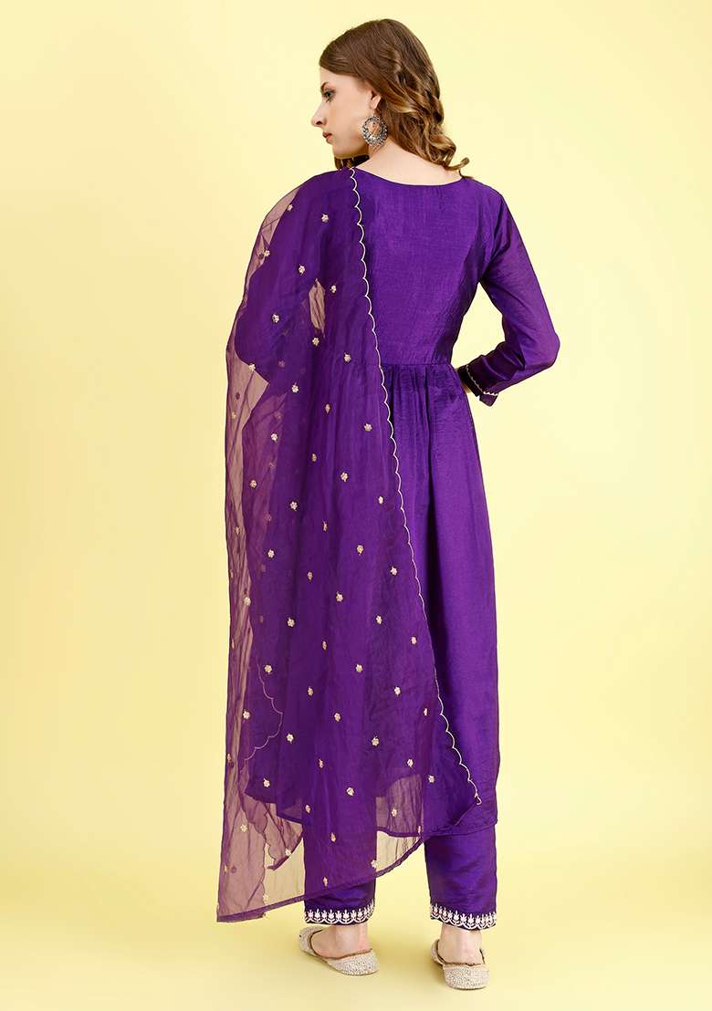 Violet Embroidered Vichitra Silk Blend Anarkali With Dupatta - Indya