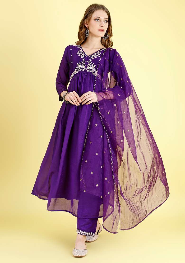 Violet Embroidered Vichitra Silk Blend Anarkali With Dupatta - Indya