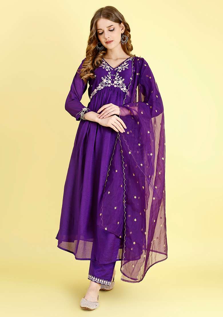 Violet Embroidered Vichitra Silk Blend Anarkali With Dupatta - Indya