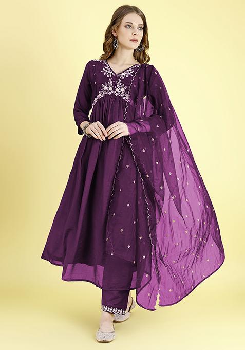 Wine Embroidered Vichitra Silk Anarkali Set With Dupatta