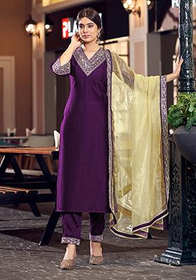 Purple Embroidered Rayon Anarkali Set With Dupatta