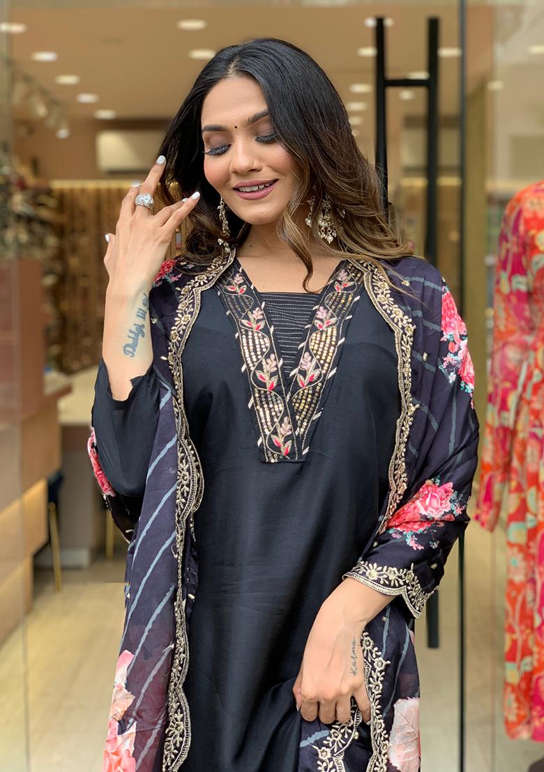 Black Embroidered Rayon Anarkali Set With Dupatta - Indya