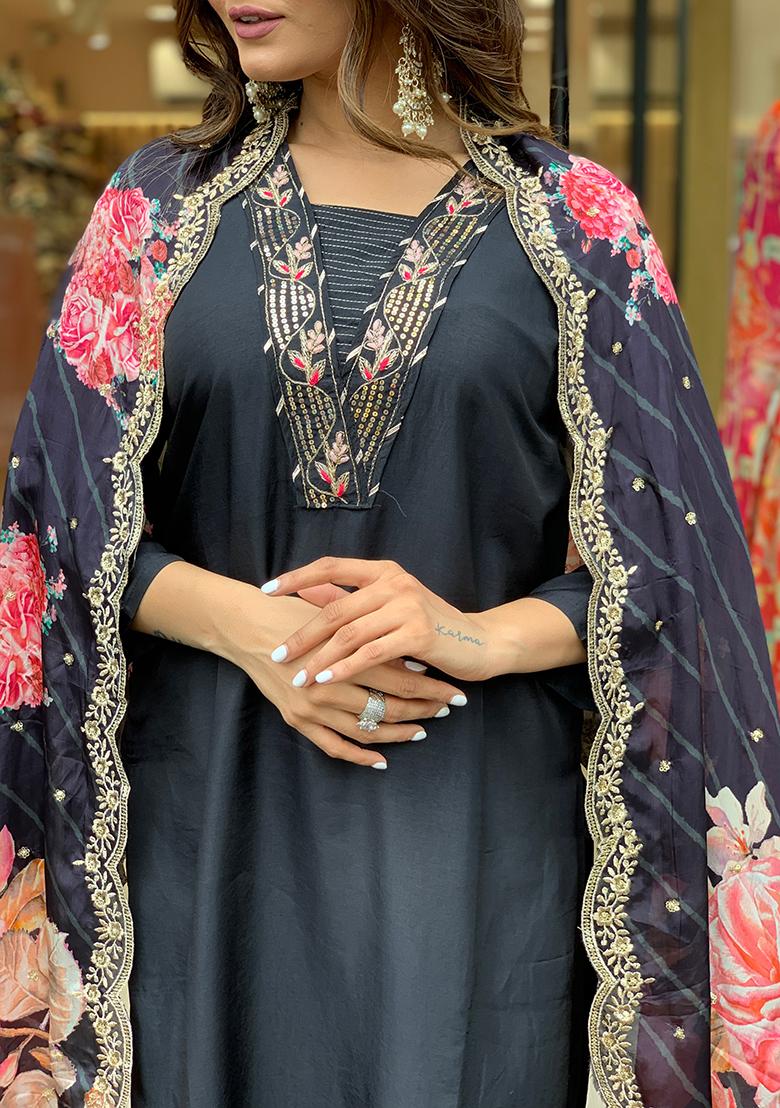 Black Embroidered Rayon Anarkali Set With Dupatta - Indya