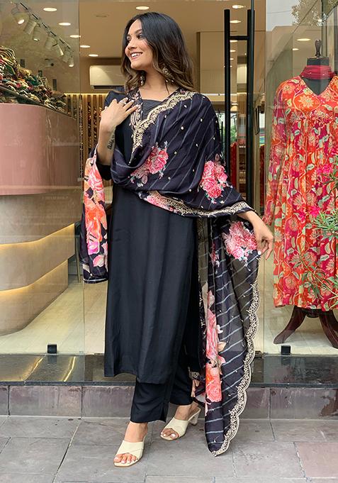 Black Embroidered Rayon Anarkali Set With Dupatta