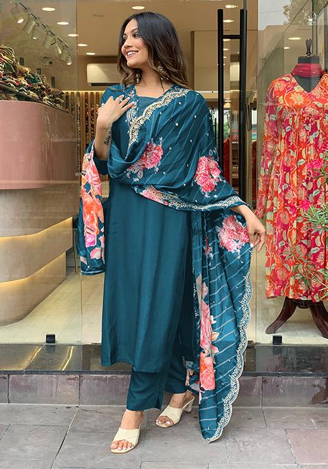 Morpankh Green Embroidered Rayon Anarkali Set With Dupatta